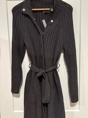 Apt 9 Gray Cable Knit Sweater Coat Womens XL Belted Button Long Cardigan NWT